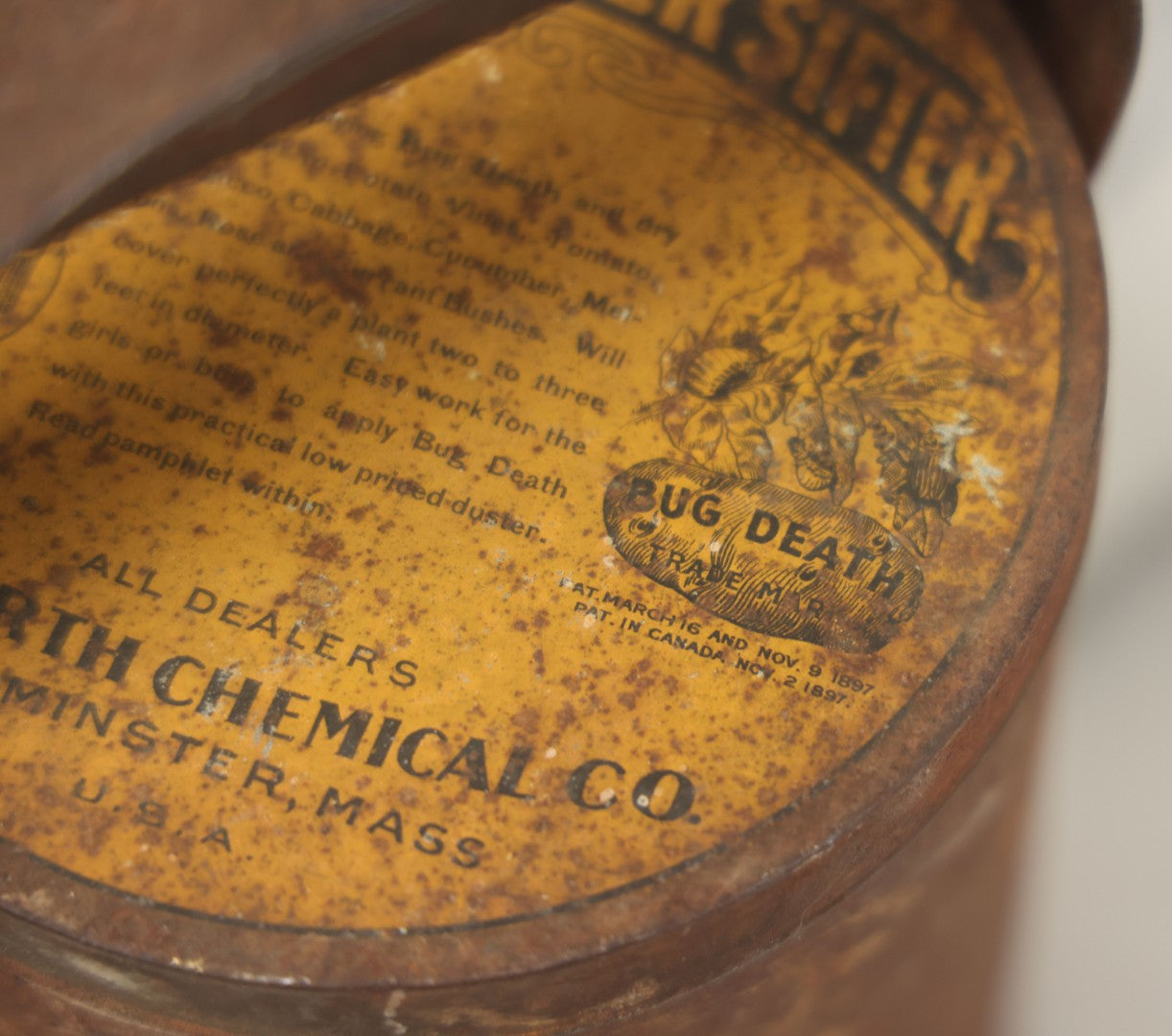 Lot 079 - Antique "Bug Death" Tin Metal "Acre An Hour" Sifter, Patented 1909, Danforth Chemical Co., Leominster, Massachusetts