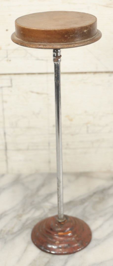Lot 083 - Vintage Adjustable Height Hat Stand With Cast Iron Base, Chromed Metal Post, And Wooden Hat Holder, 15-1/8" H