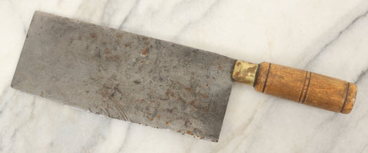 Lot 084 - Antique Butcher's Knife Meat Cleaver With Turned Wooden Handle And Brass Collar, Unmarked, Note Chipped And Worn Blade