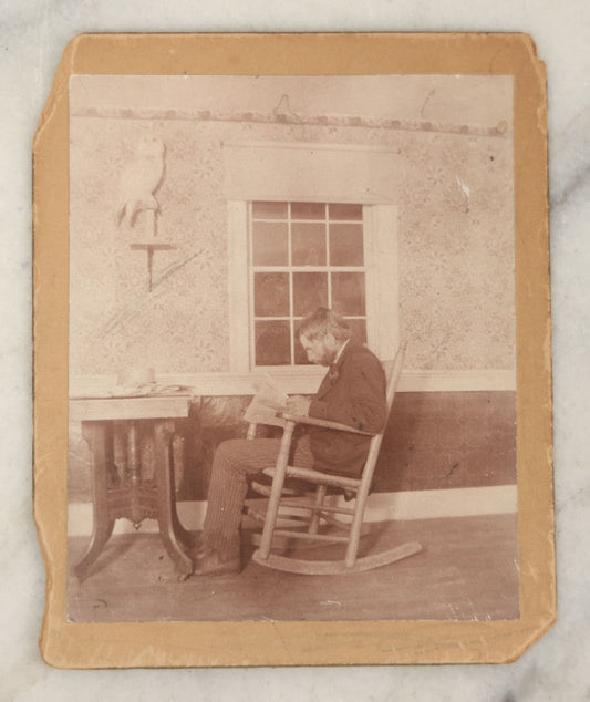 Lot 091 - Antique Boarded Photograph Of Henry L. Stevens With Taxidermy Owl, Smuttynose, Isle Of Shoals, Taken August 15, 1894 At Midnight By Magnesium Flask, Developed At John H. Thurston, Boston, Identified On Verso, Note Corner Loss And Edge Wear