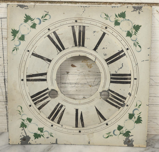 Lot 096 - Antique Painted Tin Metal Clock Face With Roman Numerals And Floral Decoration, 8-1/2" x 8-1/2"