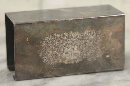 Lot 097 - Vintage Silverplate Matchbox Holder With Coat Of Arms And Dragons, Marked Made In England
