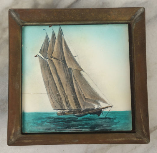 Lot 098 - Vintage Copper Drink Tray Or Coaster With Hand-Colored Tile Depicting Sailing Ship, Tile Marked Wheeling Cushion On Verso