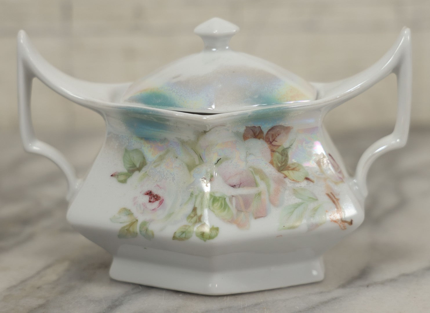 Lot 101 - Antique German Lusterware Porcelain Hexagon Sugar Bowl With Flower Decoration, Upturned Geometric Handles, With Lid And Provenance Note