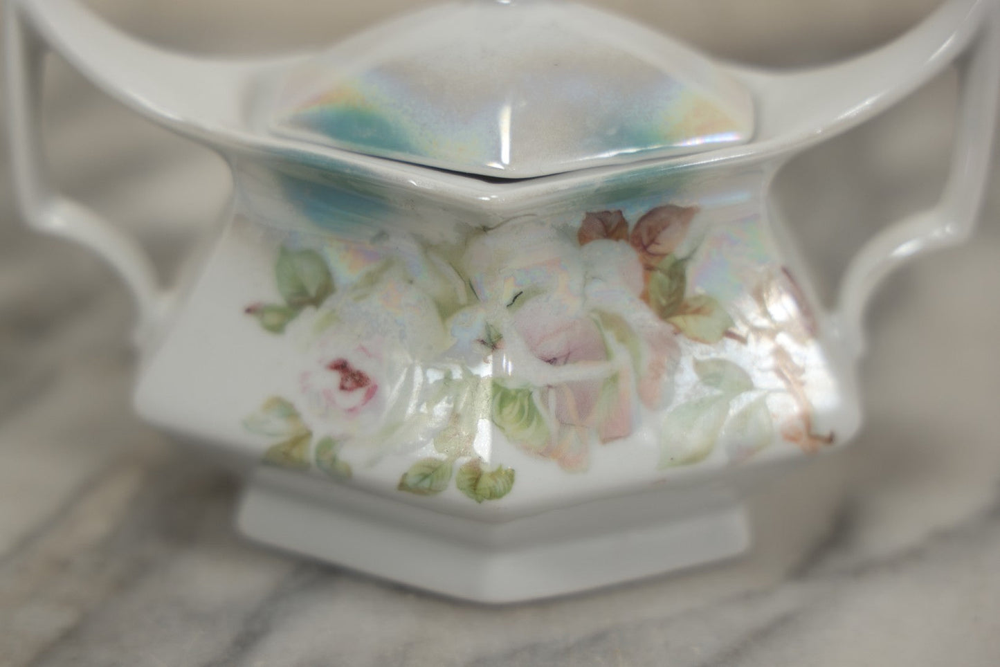 Lot 101 - Antique German Lusterware Porcelain Hexagon Sugar Bowl With Flower Decoration, Upturned Geometric Handles, With Lid And Provenance Note