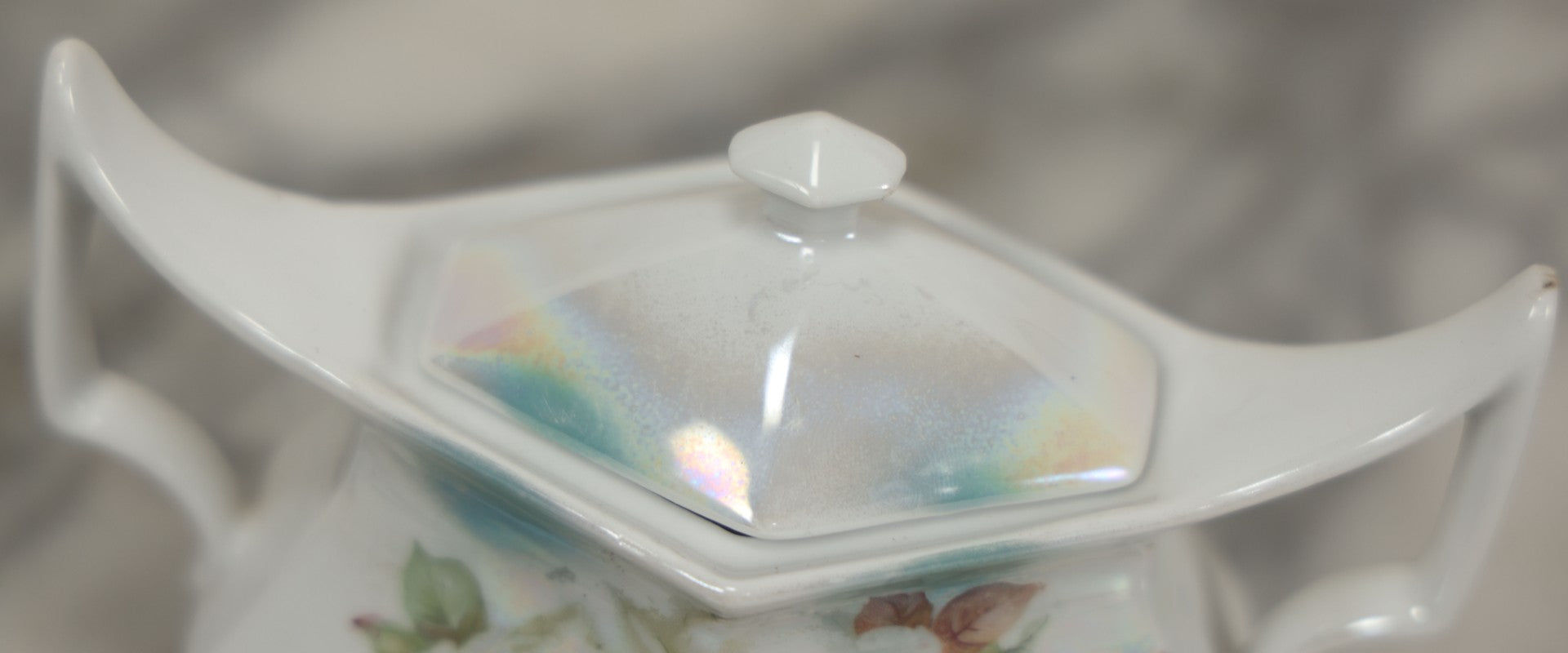 Lot 101 - Antique German Lusterware Porcelain Hexagon Sugar Bowl With Flower Decoration, Upturned Geometric Handles, With Lid And Provenance Note