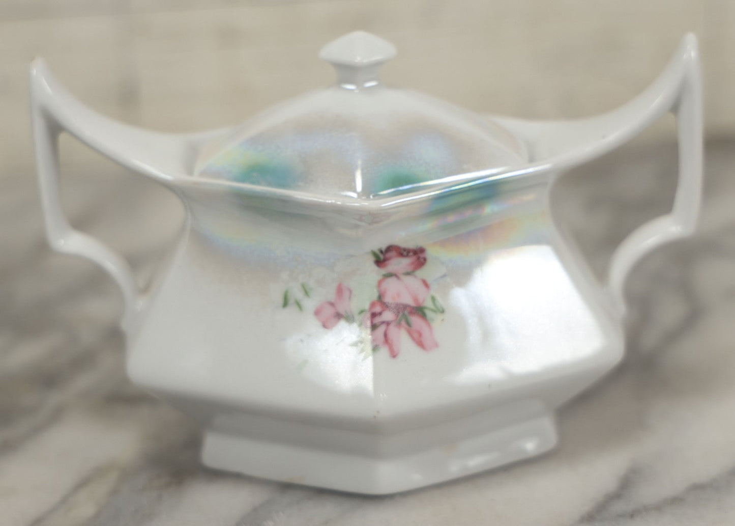 Lot 101 - Antique German Lusterware Porcelain Hexagon Sugar Bowl With Flower Decoration, Upturned Geometric Handles, With Lid And Provenance Note