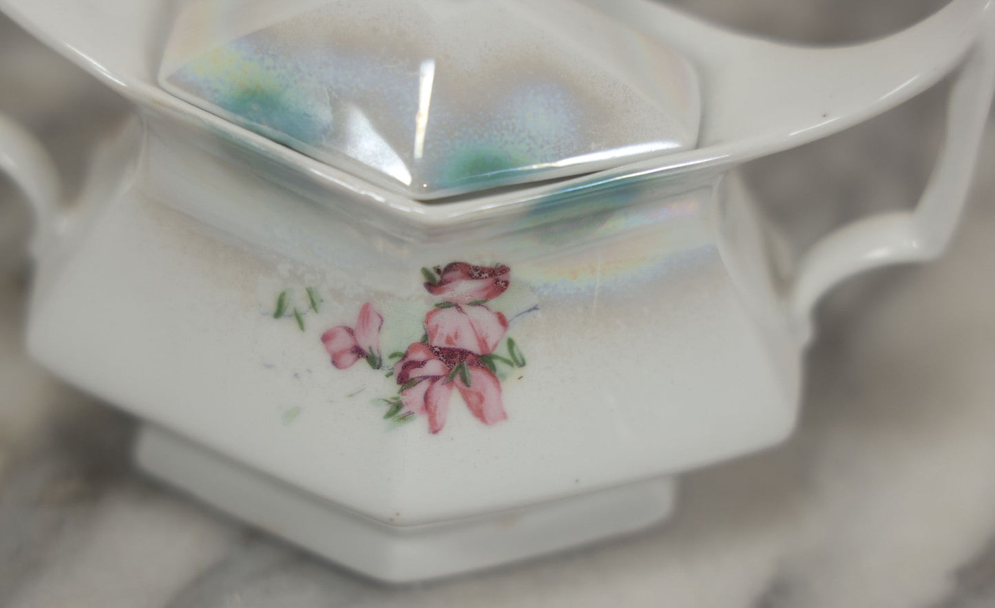 Lot 101 - Antique German Lusterware Porcelain Hexagon Sugar Bowl With Flower Decoration, Upturned Geometric Handles, With Lid And Provenance Note