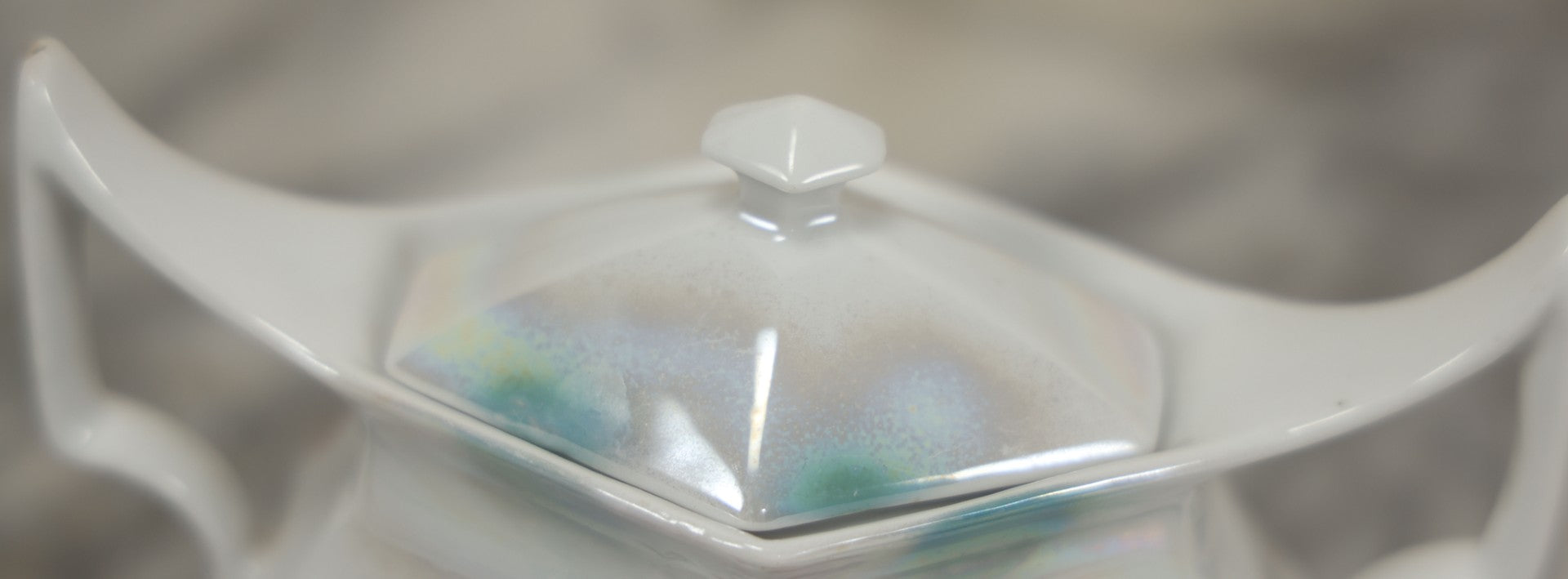 Lot 101 - Antique German Lusterware Porcelain Hexagon Sugar Bowl With Flower Decoration, Upturned Geometric Handles, With Lid And Provenance Note