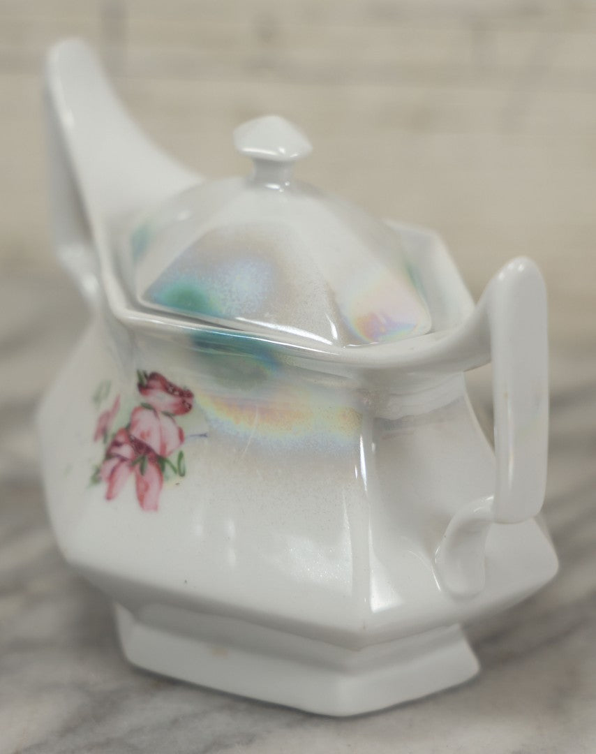 Lot 101 - Antique German Lusterware Porcelain Hexagon Sugar Bowl With Flower Decoration, Upturned Geometric Handles, With Lid And Provenance Note