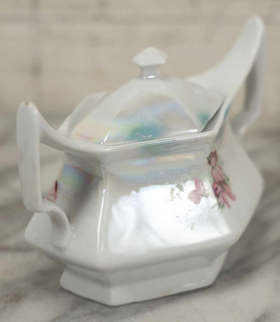 Lot 101 - Antique German Lusterware Porcelain Hexagon Sugar Bowl With Flower Decoration, Upturned Geometric Handles, With Lid And Provenance Note