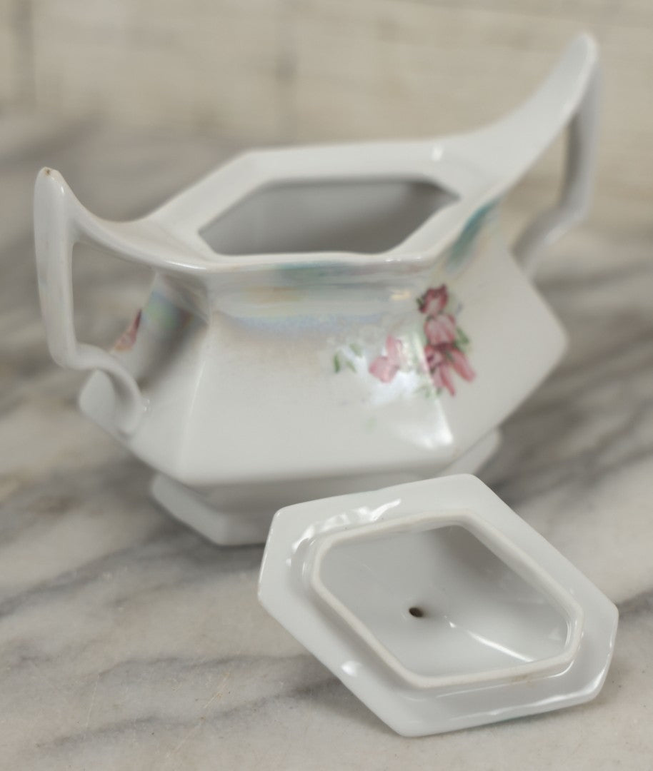 Lot 101 - Antique German Lusterware Porcelain Hexagon Sugar Bowl With Flower Decoration, Upturned Geometric Handles, With Lid And Provenance Note