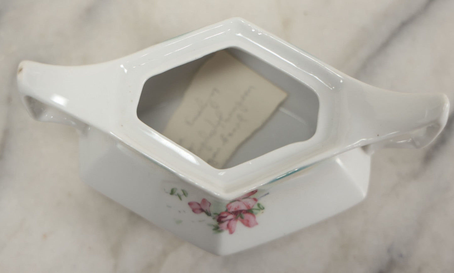 Lot 101 - Antique German Lusterware Porcelain Hexagon Sugar Bowl With Flower Decoration, Upturned Geometric Handles, With Lid And Provenance Note