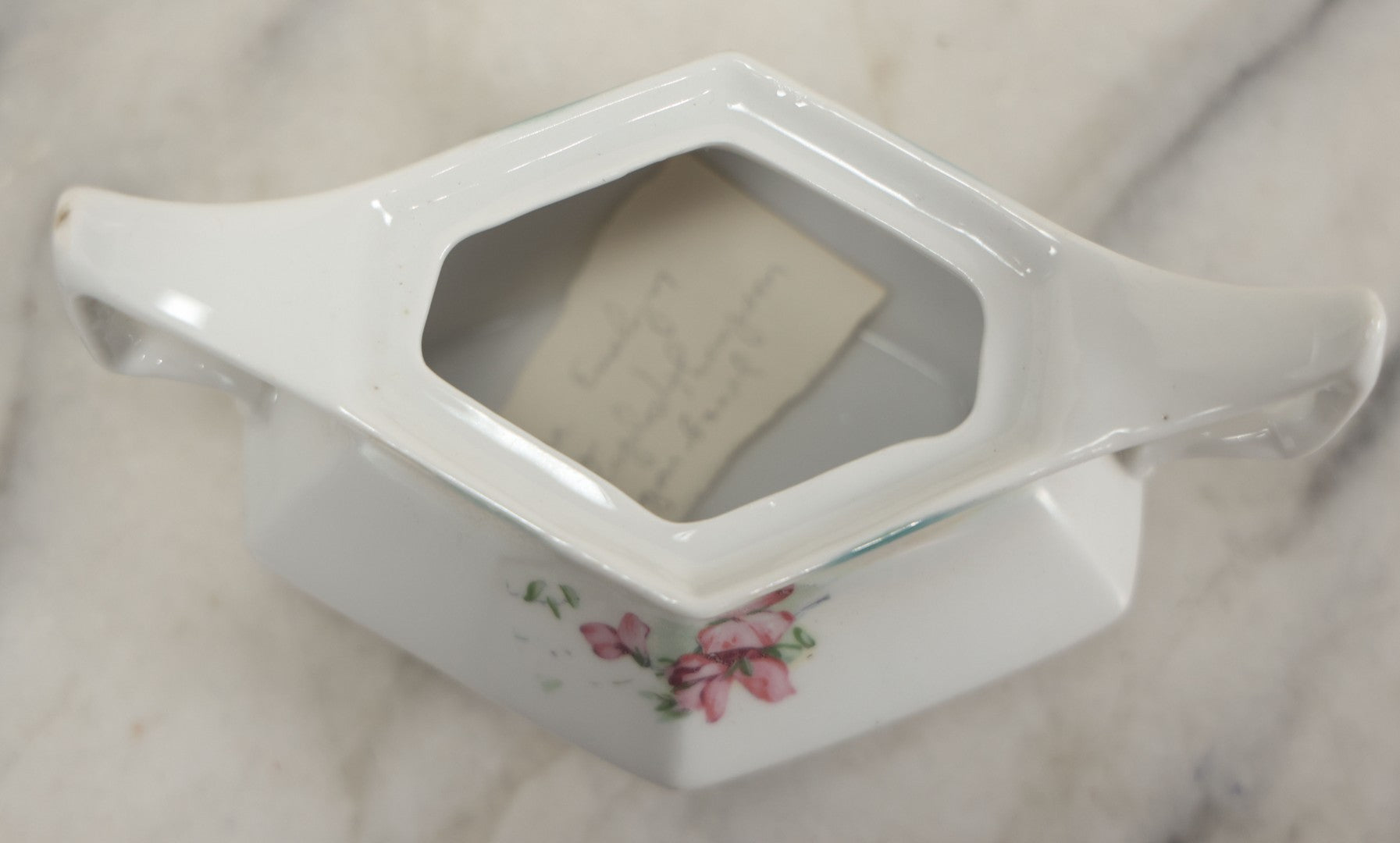 Lot 101 - Antique German Lusterware Porcelain Hexagon Sugar Bowl With Flower Decoration, Upturned Geometric Handles, With Lid And Provenance Note