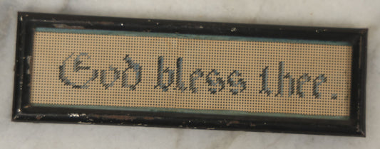 Lot 103 - Antique Small Devotional Punchwork Embroidery “God Bless Thee” In Two-Tone Blue Thread, In Metal Frame Behind Glass, 5-1/2" x 1-3/4"