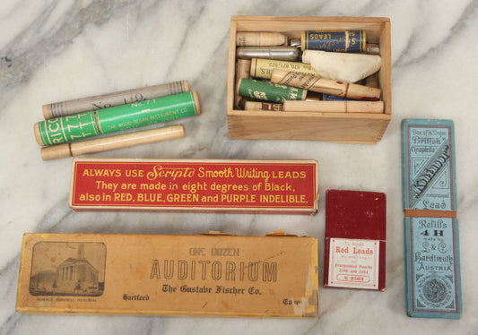 Lot 110 - Grouping Of 10+ Antique And Vintage Pencil And Lead Related Items Including Advertising Boxes From Koh-I-Noor, Scripto Smooth Writing Leads, And Others, Most With Partial Contents