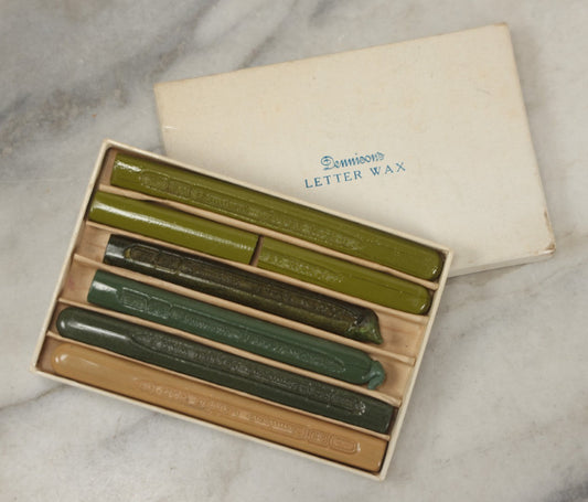 Lot 113 - Box Of Five Dennison's Letter Sealing Wax Sticks In Shades Of Green, Lightly Used, One Broken In Half