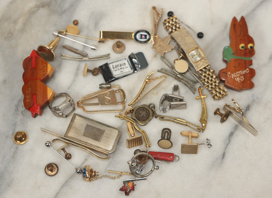 Lot 125 - Grouping Of 10+ Vintage Junk Drawer Items Including Jewelry, Pins, Tie Bars, And Wooden Bunny Chicago 1943 Pin