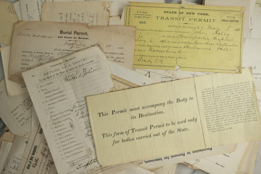 Lot 149 - Grouping Of 100+ Antique Ephemera Items Including Burial Permits, Removal Permits, And Transfer Permits For Deceased Remains, 1870s–1890s Many Issued By Railroads