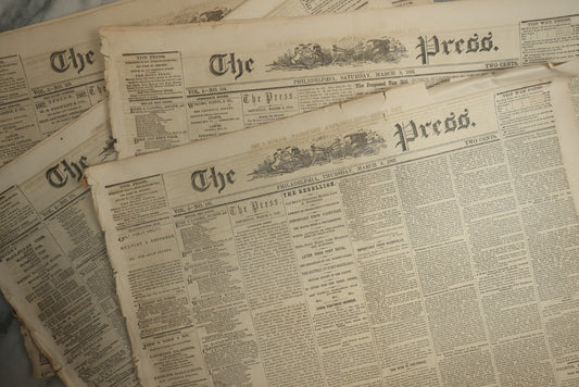 Lot 152 - Grouping Of Five Antique Civil War Era Newspapers “The Press,” Philadelphia, March 1862, With Reports On Rebel Retreat From Manassas, Occupation Of Winchester, Ironclad Steamers, General Burnside, And More