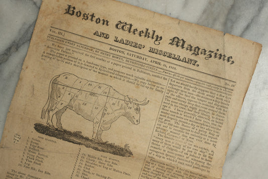 Lot 153 - Antique Newspaper “Boston Weekly Magazine And Ladies' Miscellany,” April 24, 1819, With Agricultural Engraving Of Ox And Butchering Diagram