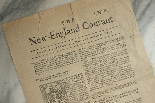 Lot 154 - Antique Facsimile Newspaper “The New-England Courant,” February 4–11, 1723, Printed September 17, 1856 On Benjamin Franklin's Press