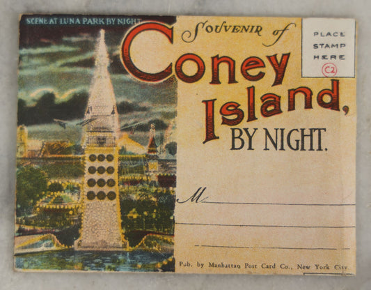 Lot 160 - Vintage  "Coney Island By Night" Souvenir Postcard Fold-Out Folder, Published By Manhattan Post Card Co., New York City, 