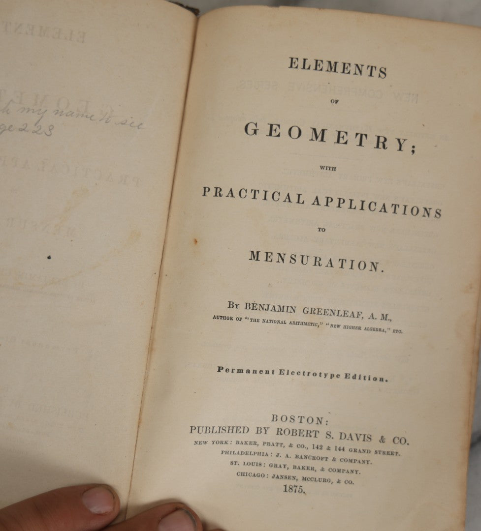 Lot 174 - Grouping Of Three Antique Math Books, Including "A Key To Elementary Algebra" (1878) And "Elements Of Geometry" (1875) By Benjamin Greenleaf, And "A Complete Arithmetic" By E.E. White (1870)