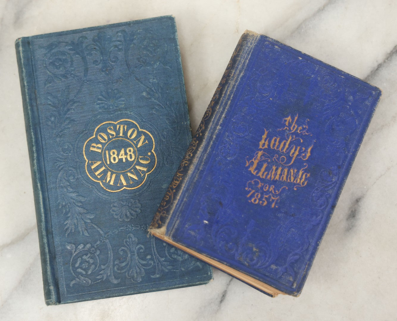 Lot 180 - Pair Of Antique Pocket Almanac Books, Including "Lady's Almanac For The Year 1857" With Brilliant Blue Full Page Advertisements, And "The Boston Almanac" For 1848 With Fold-Out Map Of Boston