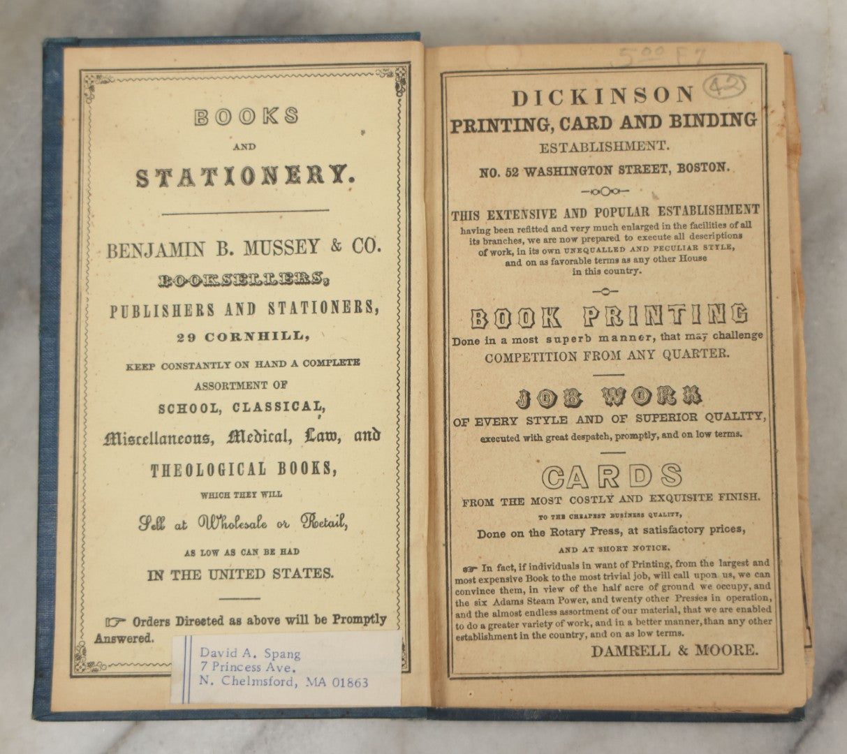 Lot 180 - Pair Of Antique Pocket Almanac Books, Including "Lady's Almanac For The Year 1857" With Brilliant Blue Full Page Advertisements, And "The Boston Almanac" For 1848 With Fold-Out Map Of Boston