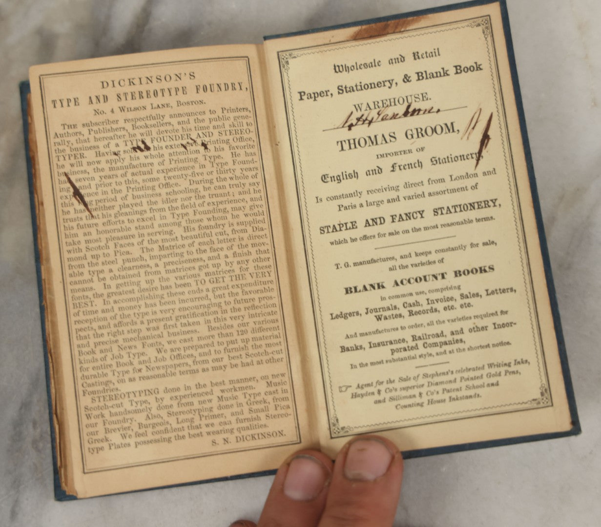 Lot 180 - Pair Of Antique Pocket Almanac Books, Including "Lady's Almanac For The Year 1857" With Brilliant Blue Full Page Advertisements, And "The Boston Almanac" For 1848 With Fold-Out Map Of Boston