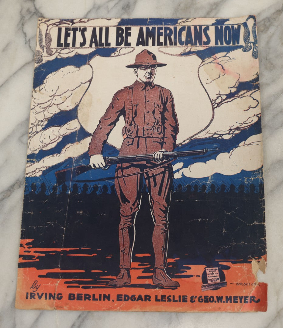 Lot 181 - Grouping Of Four Vintage Patriotic And Popular Sheet Music Covers Including “Let's All Be Americans Now,” “Any Bonds Today?,” “Father Of The Land We Love,” And “When A Boy From Old New Hampshire Loves A Girl From Tennessee”