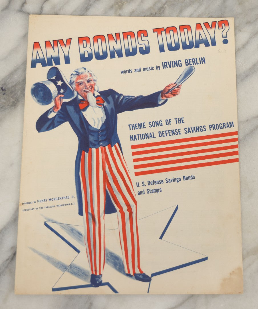 Lot 181 - Grouping Of Four Vintage Patriotic And Popular Sheet Music Covers Including “Let's All Be Americans Now,” “Any Bonds Today?,” “Father Of The Land We Love,” And “When A Boy From Old New Hampshire Loves A Girl From Tennessee”