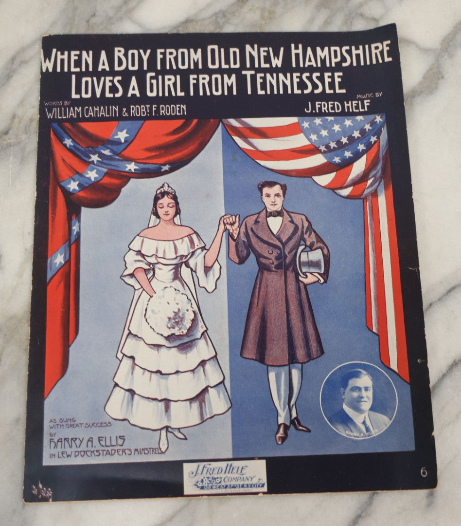 Lot 181 - Grouping Of Four Vintage Patriotic And Popular Sheet Music Covers Including “Let's All Be Americans Now,” “Any Bonds Today?,” “Father Of The Land We Love,” And “When A Boy From Old New Hampshire Loves A Girl From Tennessee”