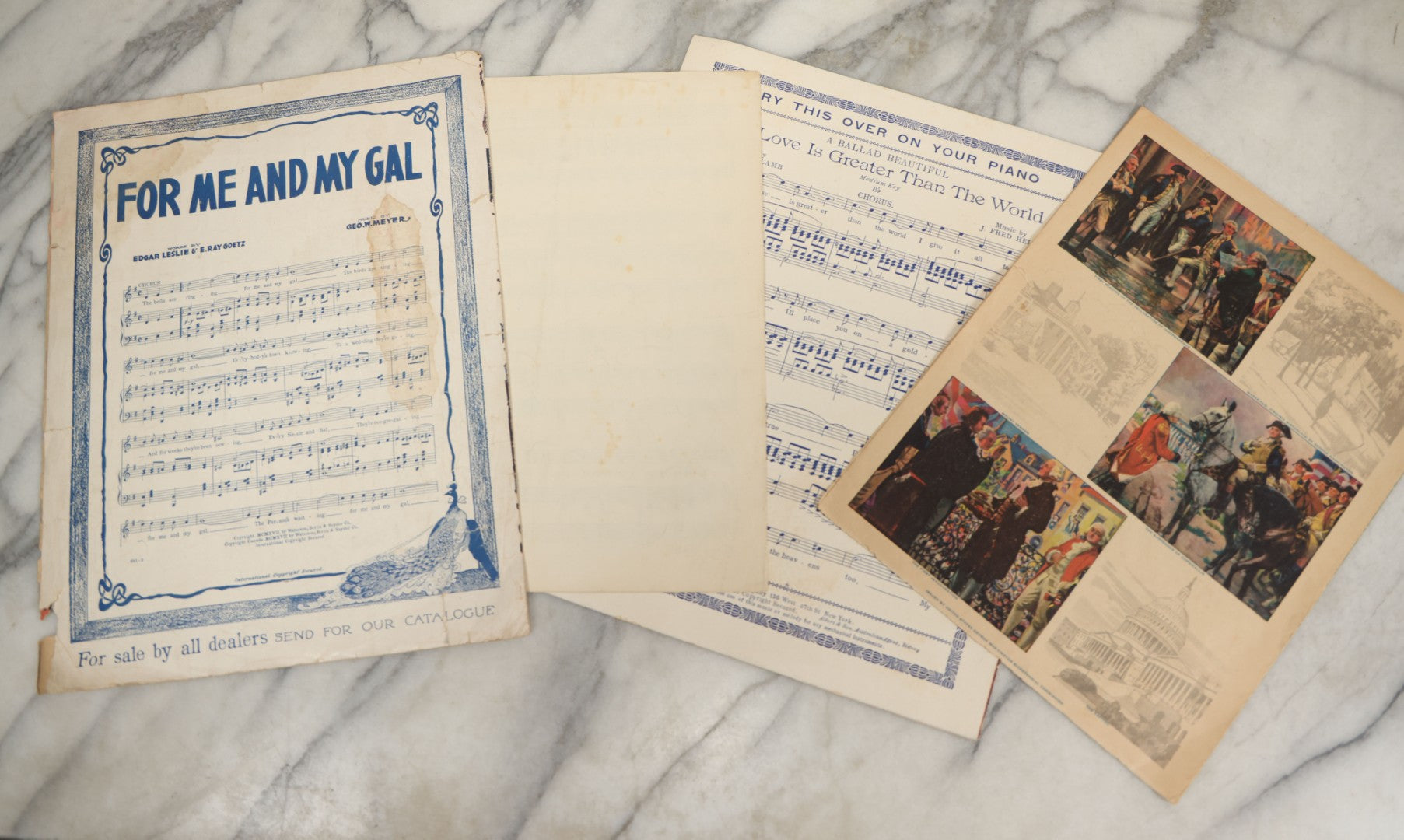 Lot 181 - Grouping Of Four Vintage Patriotic And Popular Sheet Music Covers Including “Let's All Be Americans Now,” “Any Bonds Today?,” “Father Of The Land We Love,” And “When A Boy From Old New Hampshire Loves A Girl From Tennessee”