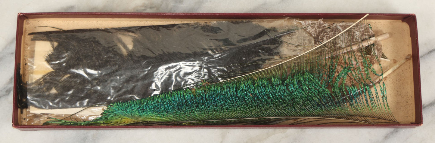 Lot 188 - Boxed Lot Of Antique Decorative Feathers Including Peacock Sword, Ostrich Plume, And Imported Turkey Wing Feathers, In George E. Page Box, Bellows Falls, Vermont, As Found