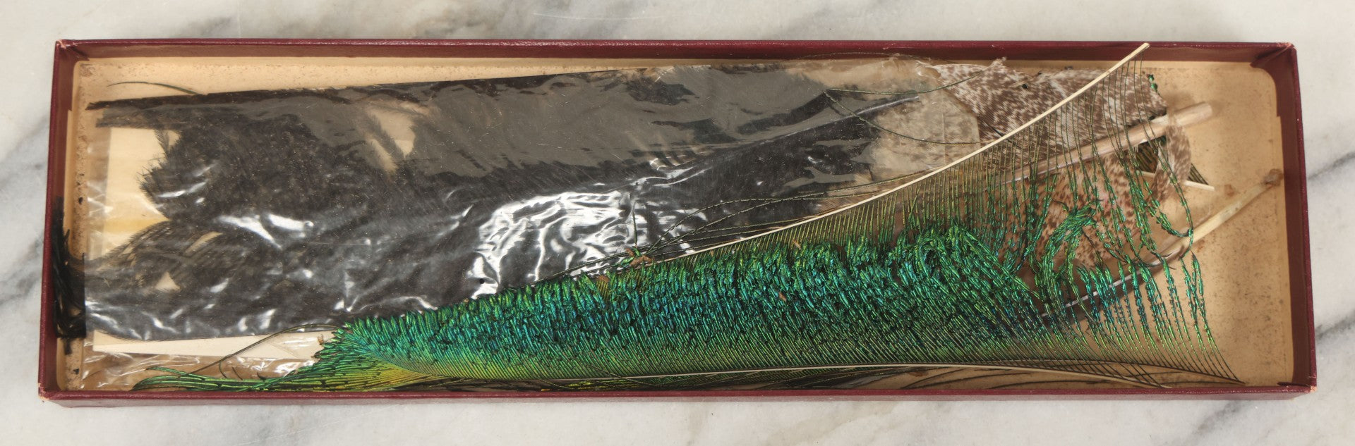 Lot 188 - Boxed Lot Of Antique Decorative Feathers Including Peacock Sword, Ostrich Plume, And Imported Turkey Wing Feathers, In George E. Page Box, Bellows Falls, Vermont, As Found