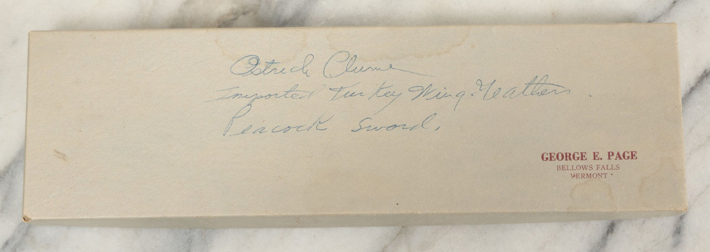 Lot 188 - Boxed Lot Of Antique Decorative Feathers Including Peacock Sword, Ostrich Plume, And Imported Turkey Wing Feathers, In George E. Page Box, Bellows Falls, Vermont, As Found