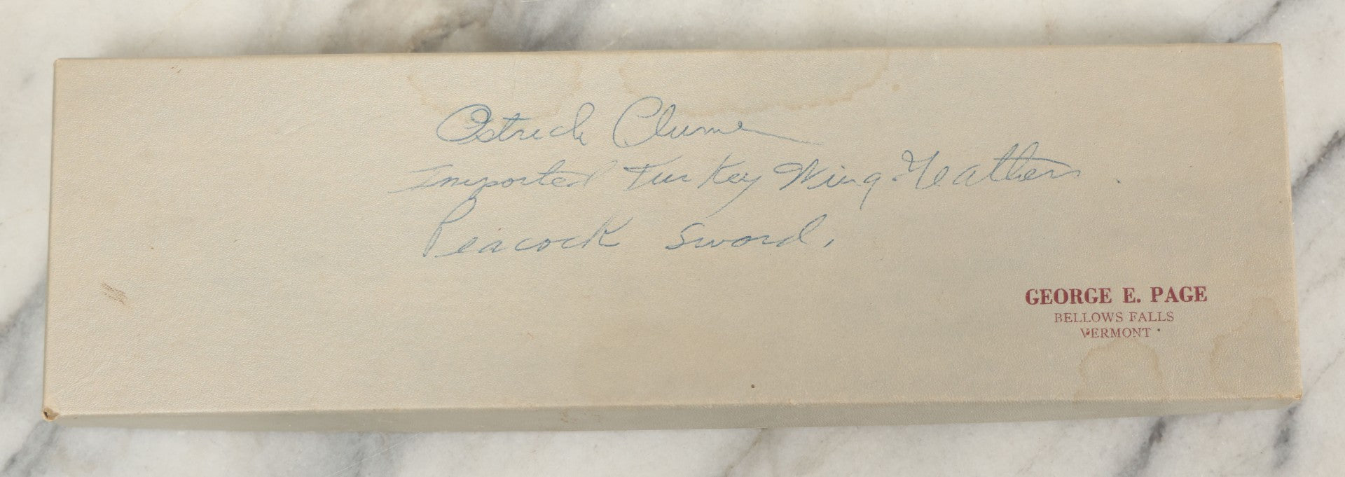 Lot 188 - Boxed Lot Of Antique Decorative Feathers Including Peacock Sword, Ostrich Plume, And Imported Turkey Wing Feathers, In George E. Page Box, Bellows Falls, Vermont, As Found