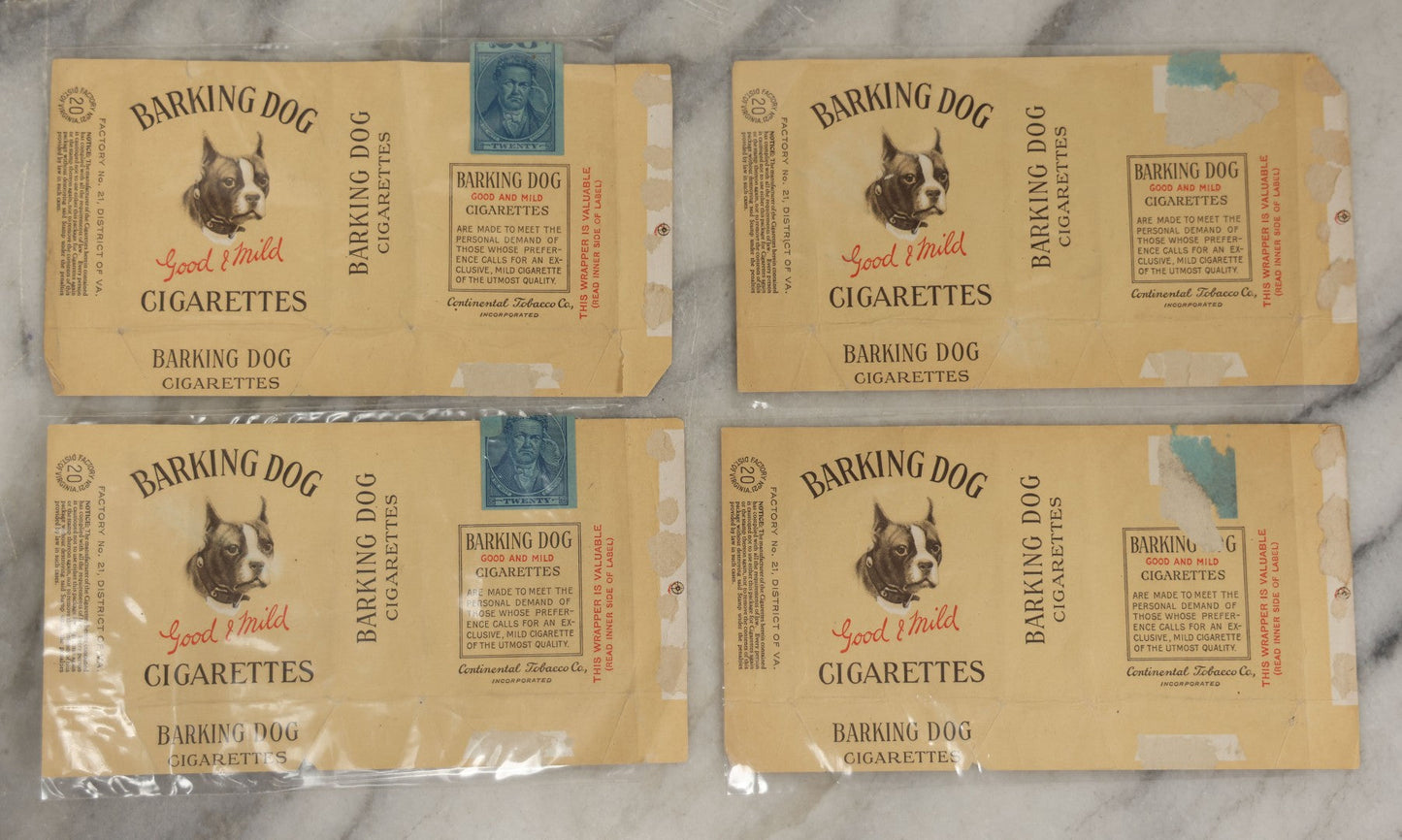 Lot 189 - Grouping Of Four Vintage Barking Dog Cigarette Pack Labels, “Good & Mild,” Continental Tobacco Co., With Two Retaining Blue Tax Stamps, Circa Early 20th Century, Note Wear And Losses