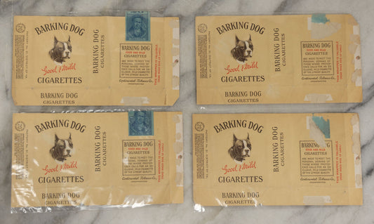 Lot 189 - Grouping Of Four Vintage Barking Dog Cigarette Pack Labels, “Good & Mild,” Continental Tobacco Co., With Two Retaining Blue Tax Stamps, Circa Early 20th Century, Note Wear And Losses