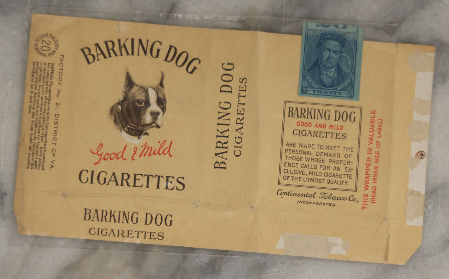Lot 189 - Grouping Of Four Vintage Barking Dog Cigarette Pack Labels, “Good & Mild,” Continental Tobacco Co., With Two Retaining Blue Tax Stamps, Circa Early 20th Century, Note Wear And Losses
