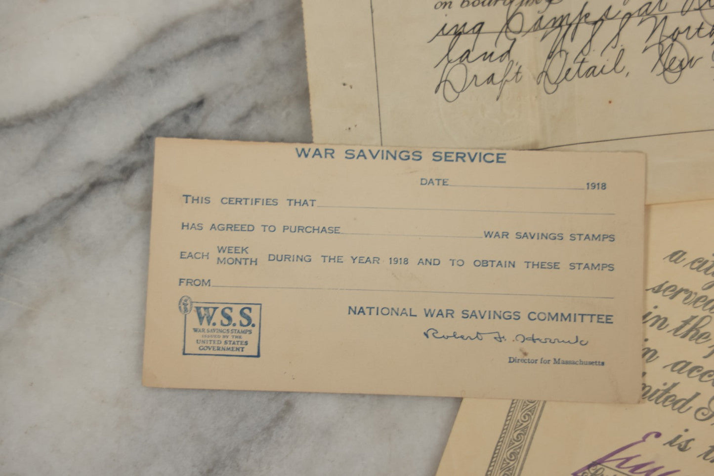 Lot 190 - Grouping Of Seven Antique World War I Related Ephemera Items Including Discharge Papers For John Joseph Breen And Michael J. Breen, Comic Postcard, And War Savings Stamps Forms, Circa 1910s–1920s