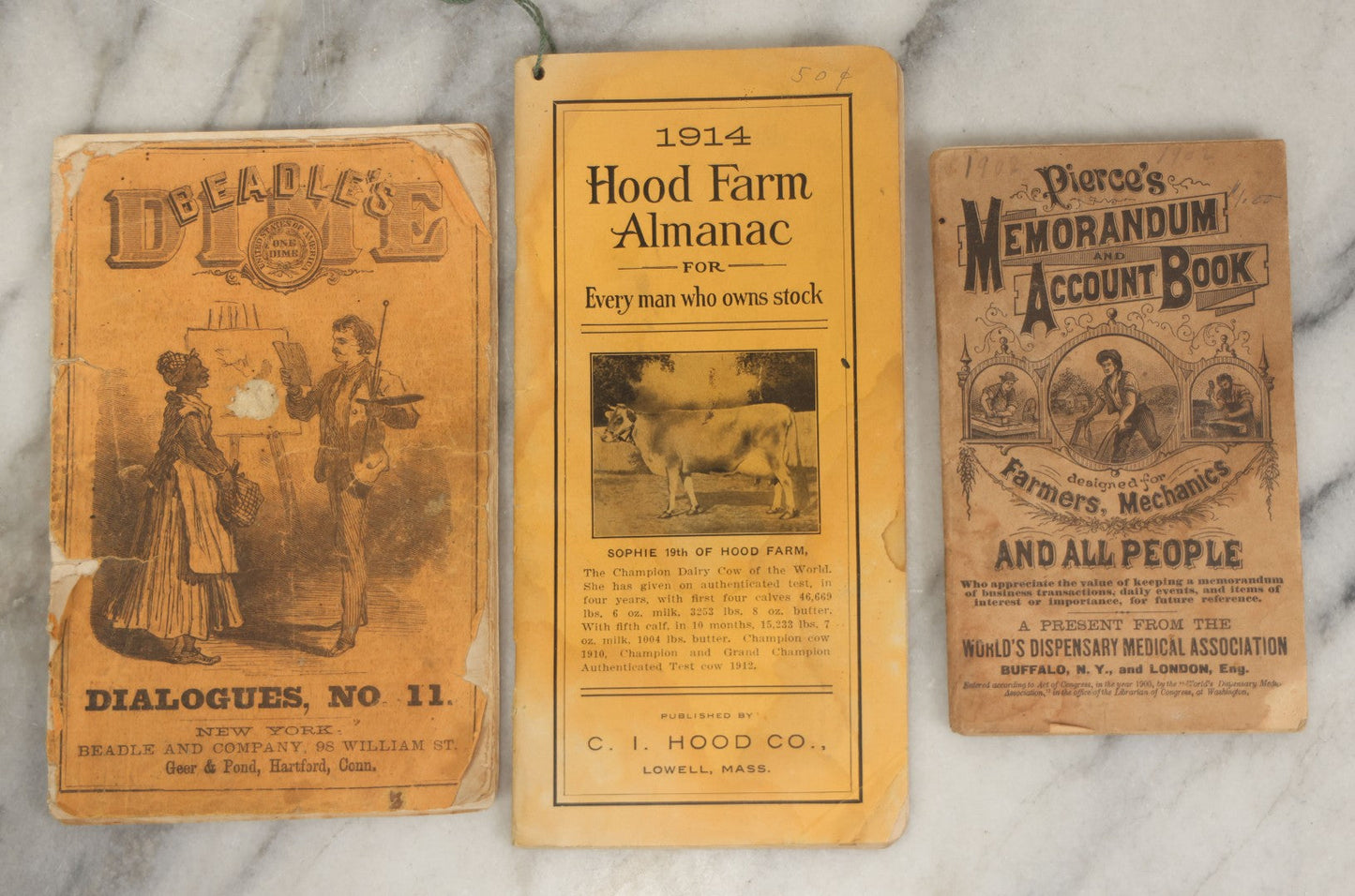 Lot 194 - Grouping Of Three Antique And Vintage Booklets Including Beadle's Dime Dialogues No. 11, Hood Farm Almanac 1914, And Pierce's Memorandum And Account Book