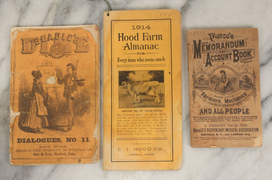 Lot 194 - Grouping Of Three Antique And Vintage Booklets Including Beadle's Dime Dialogues No. 11, Hood Farm Almanac 1914, And Pierce's Memorandum And Account Book