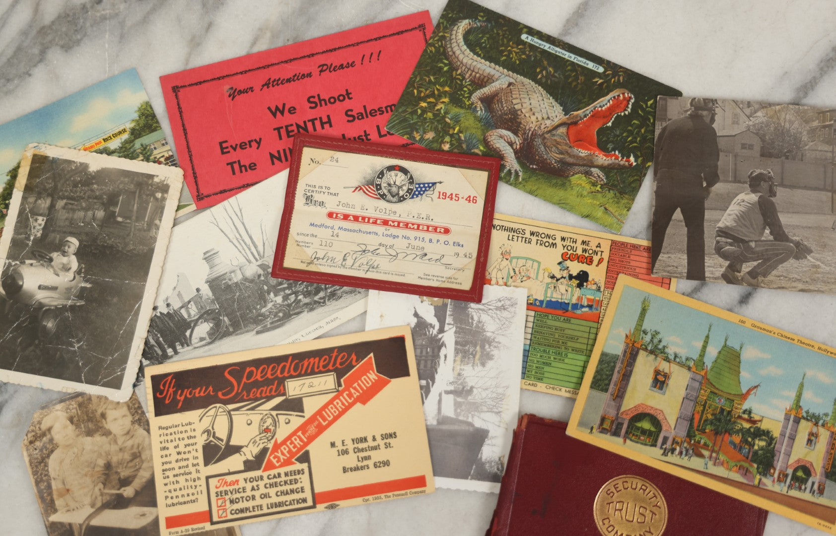 Lot 195 - Grouping Of 15+ Vintage And Antique Ephemera Items Including Photographs, Postcards, Elks Life Member Card, And Advertising Pieces