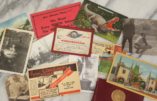 Lot 195 - Grouping Of 15+ Vintage And Antique Ephemera Items Including Photographs, Postcards, Elks Life Member Card, And Advertising Pieces