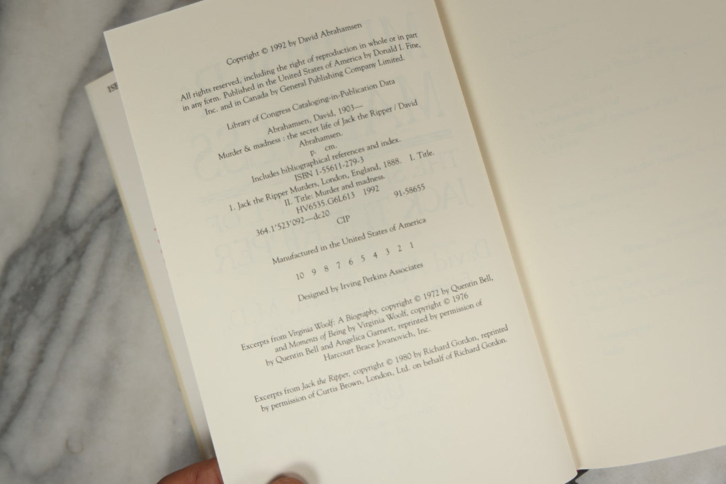 Lot 197 - "Murder And Madness: The Secret Life Of Jack The Ripper" Vintage Book By David Abrahamsen, Published By Donald I. Fine, Inc., New York, 1992, Original Dust Jacket