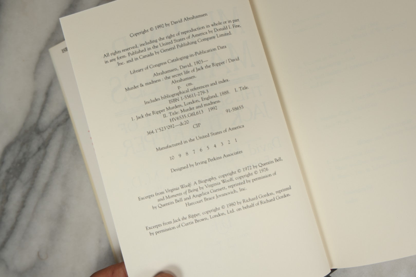 Lot 197 - "Murder And Madness: The Secret Life Of Jack The Ripper" Vintage Book By David Abrahamsen, Published By Donald I. Fine, Inc., New York, 1992, Original Dust Jacket