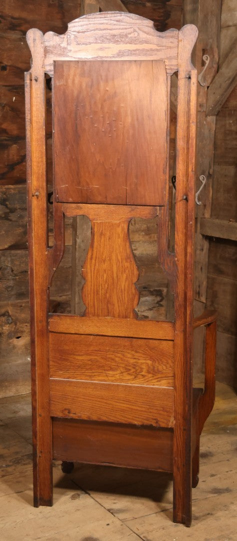 Antique Oak Hall Tree With Mirror And Storage Bench, Carved Scrollwork, Original Hardware, Circa Early 20th Century